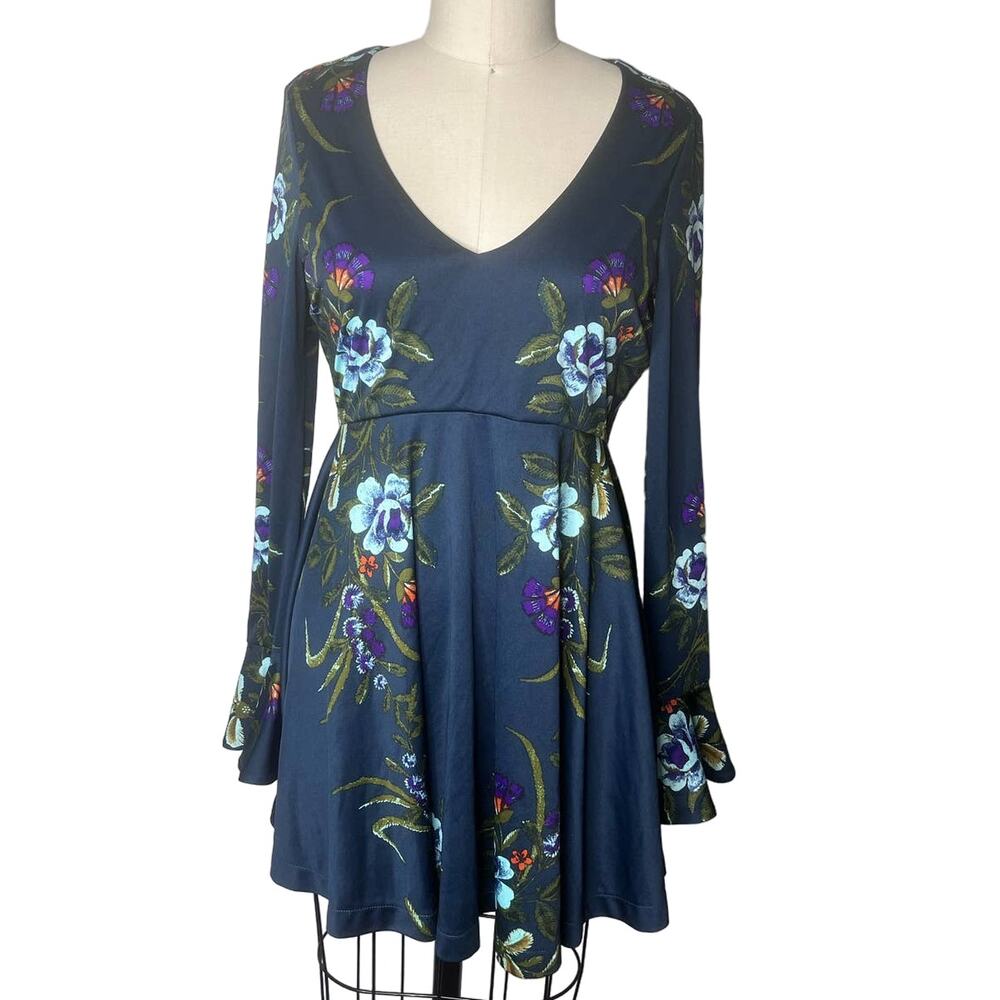 Free People Date Night Blue Floral Bell Sleeve Fit and Flare Dress Small